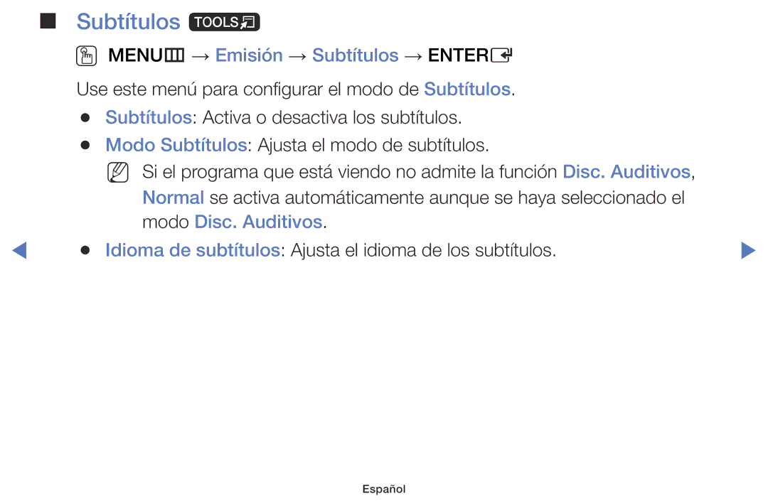 Samsung LT24D310EW/EN, LT28D310EW/EN manual Subtítulos t, OO MENUm → Emisión → Subtítulos → Entere, Modo Disc. Auditivos 