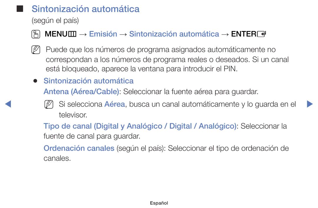 Samsung LT28D310EW/EN, LT24D310EW/EN manual OO MENUm → Emisión → Sintonización automática → Entere 