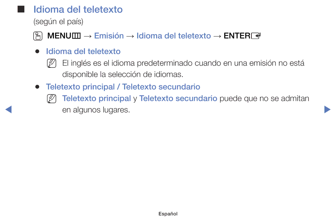 Samsung LT24D310EW/EN, LT28D310EW/EN manual OO MENUm → Emisión → Idioma del teletexto → Entere 