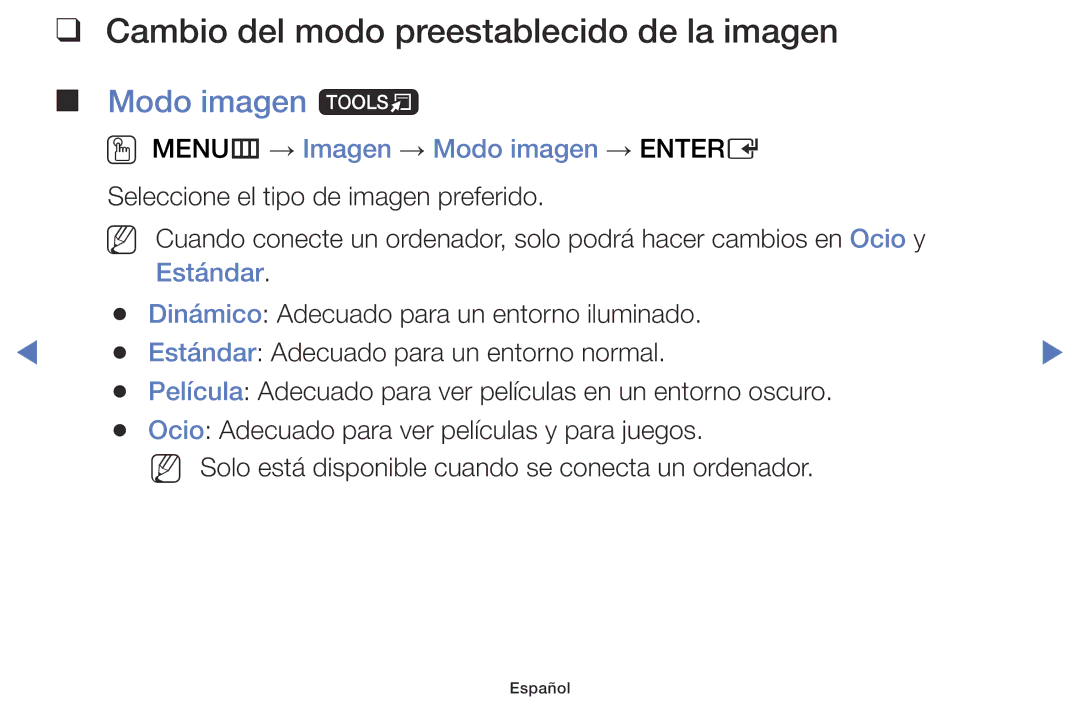 Samsung LT24D310EW/EN Cambio del modo preestablecido de la imagen Modo imagen t, OO MENUm → Imagen → Modo imagen → Entere 