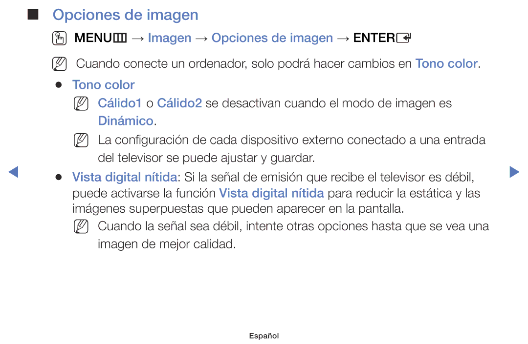 Samsung LT28D310EW/EN, LT24D310EW/EN manual OO MENUm → Imagen → Opciones de imagen → Entere, Tono color, Dinámico 