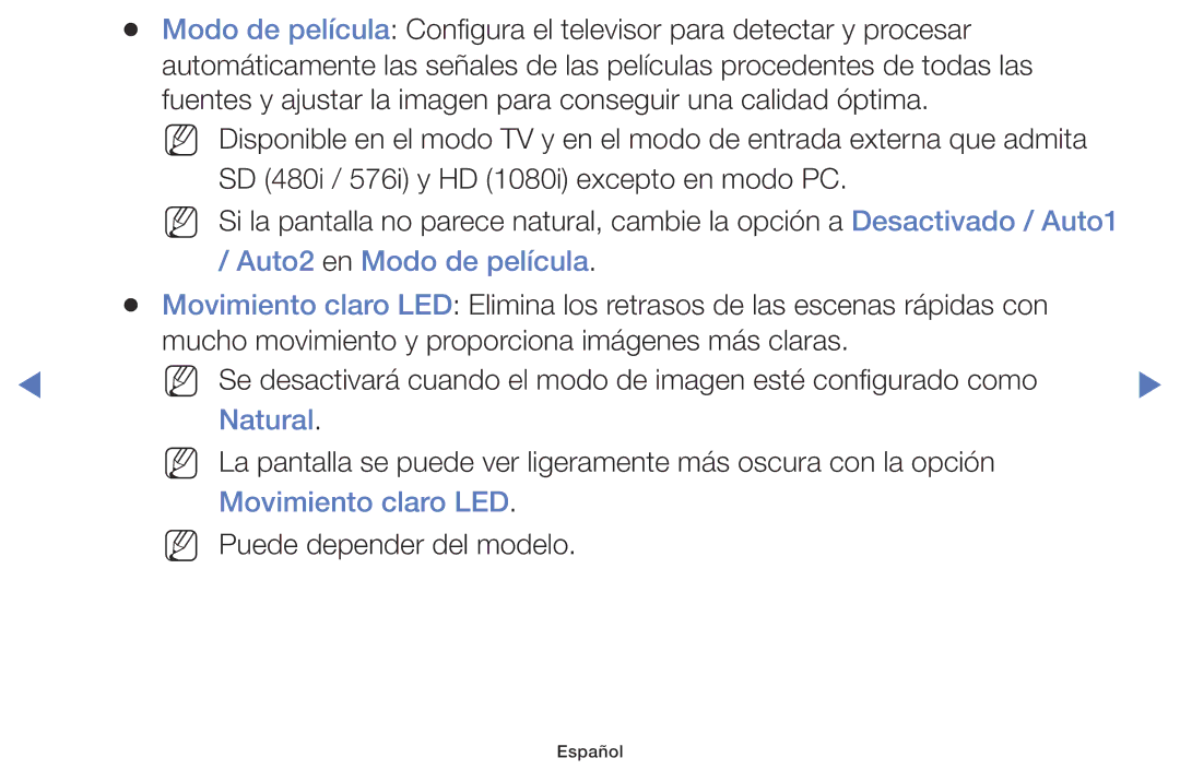 Samsung LT28D310EW/EN, LT24D310EW/EN manual Auto2 en Modo de película, Natural, Movimiento claro LED 