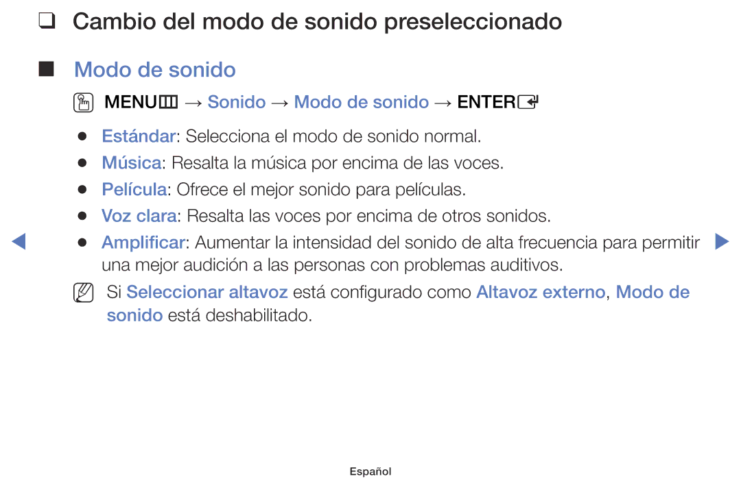 Samsung LT28D310EW/EN, LT24D310EW/EN manual Cambio del modo de sonido preseleccionado, Modo de sonido 