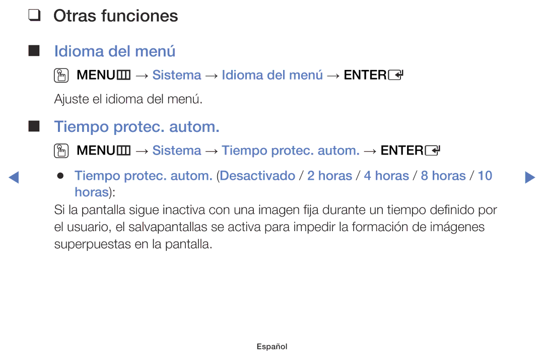 Samsung LT24D310EW/EN, LT28D310EW/EN manual Tiempo protec. autom, OO MENUm → Sistema → Idioma del menú → Entere 