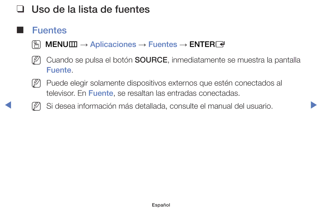 Samsung LT28D310EW/EN, LT24D310EW/EN manual Uso de la lista de fuentes, OO MENUm → Aplicaciones → Fuentes → Entere 