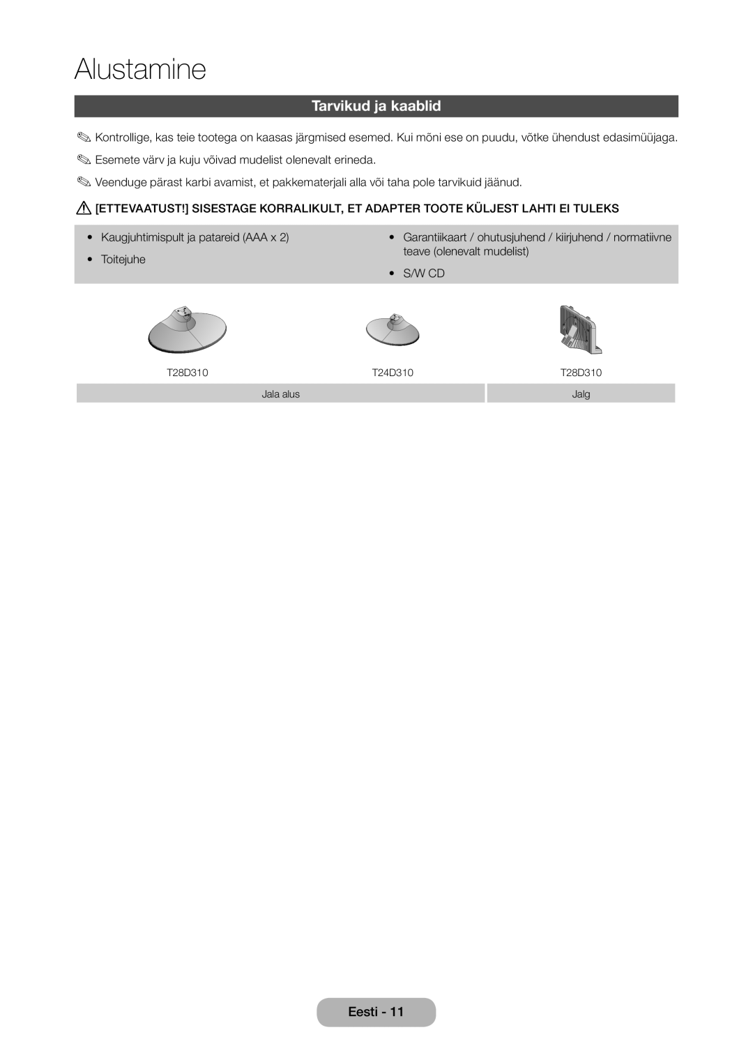 Samsung LT28D310EW/EN, LT24D310EW/EN manual Tarvikud ja kaablid 