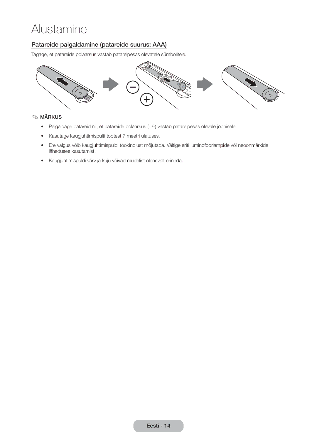 Samsung LT24D310EW/EN, LT28D310EW/EN manual Patareide paigaldamine patareide suurus AAA, Märkus 