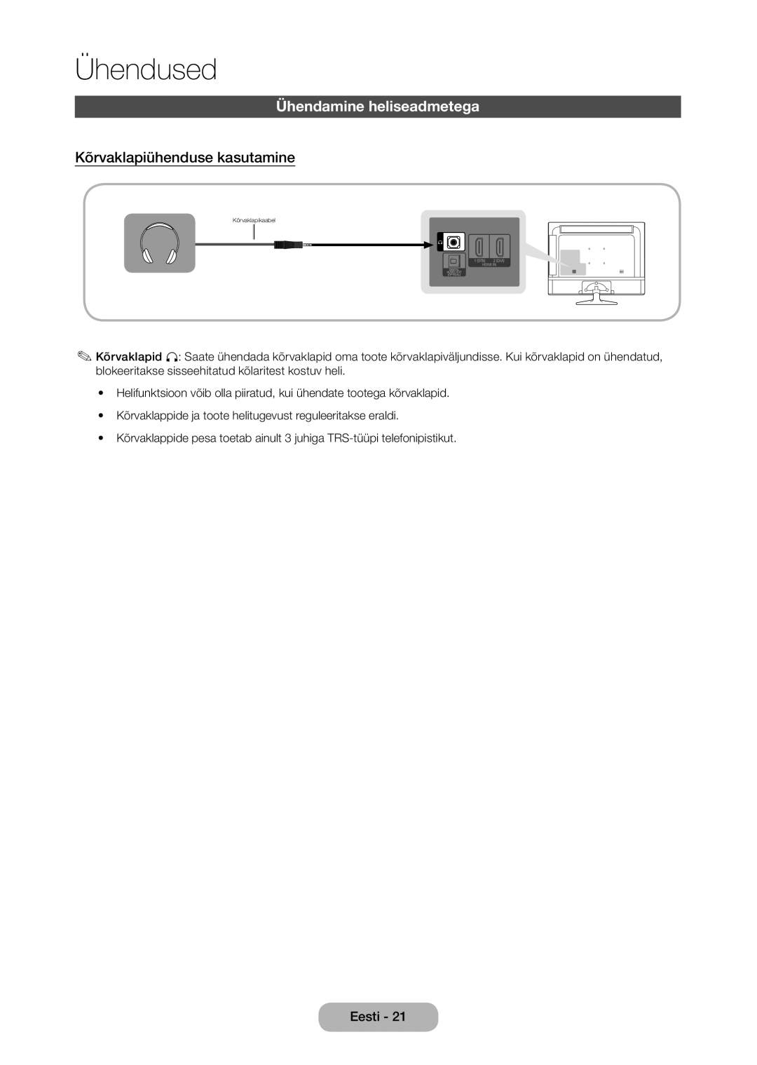 Samsung LT28D310EW/EN, LT24D310EW/EN manual Ühendamine heliseadmetega, Kõrvaklapiühenduse kasutamine 