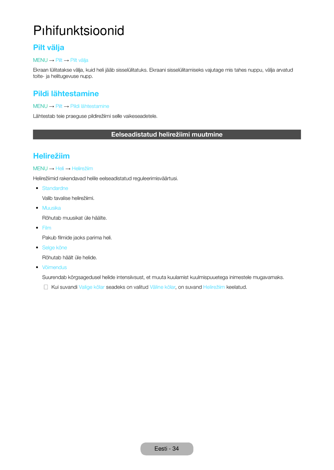 Samsung LT24D310EW/EN, LT28D310EW/EN manual Pilt välja, Pildi lähtestamine, Helirežiim, Eelseadistatud helirežiimi muutmine 