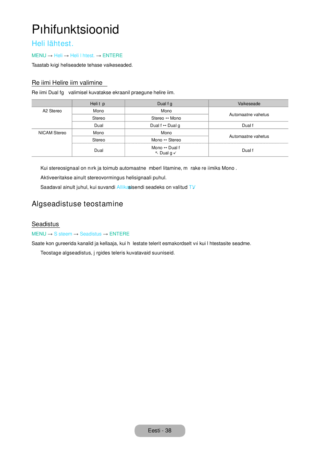 Samsung LT24D310EW/EN, LT28D310EW/EN manual Heli lähtest, Algseadistuse teostamine, Režiimi Helirežiim valimine, Seadistus 