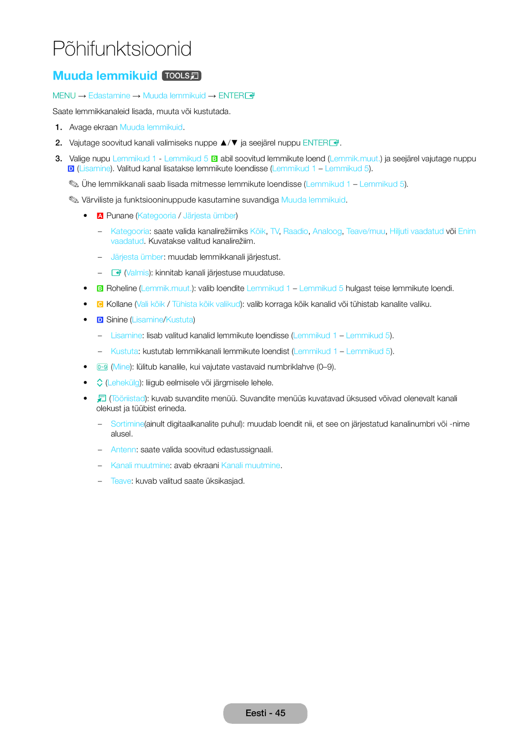 Samsung LT28D310EW/EN manual Muuda lemmikuid t, Menu → Edastamine → Muuda lemmikuid → Entere, Avage ekraan Muuda lemmikuid 