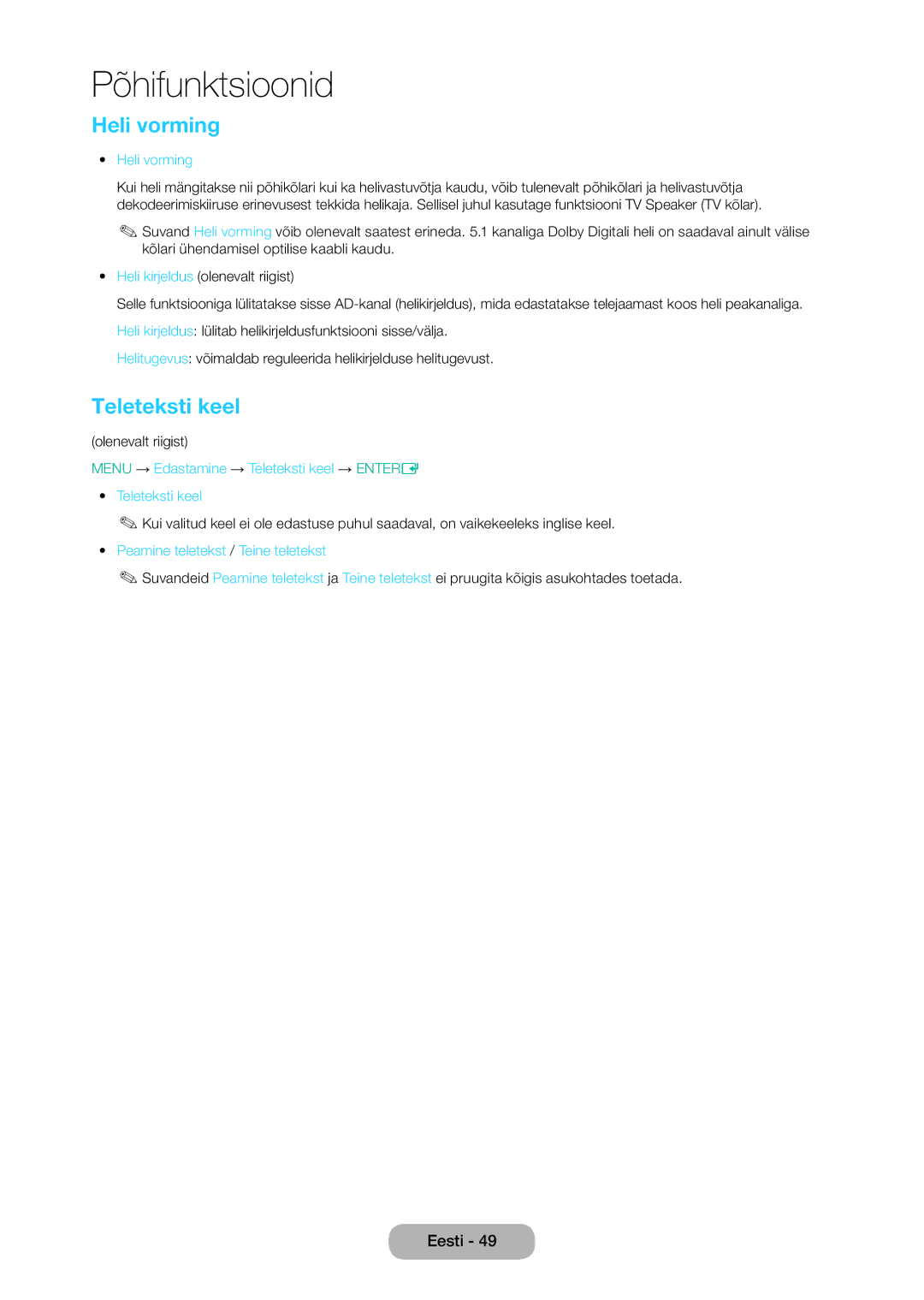 Samsung LT28D310EW/EN Heli vorming, Menu → Edastamine → Teleteksti keel → Entere, Peamine teletekst / Teine teletekst 