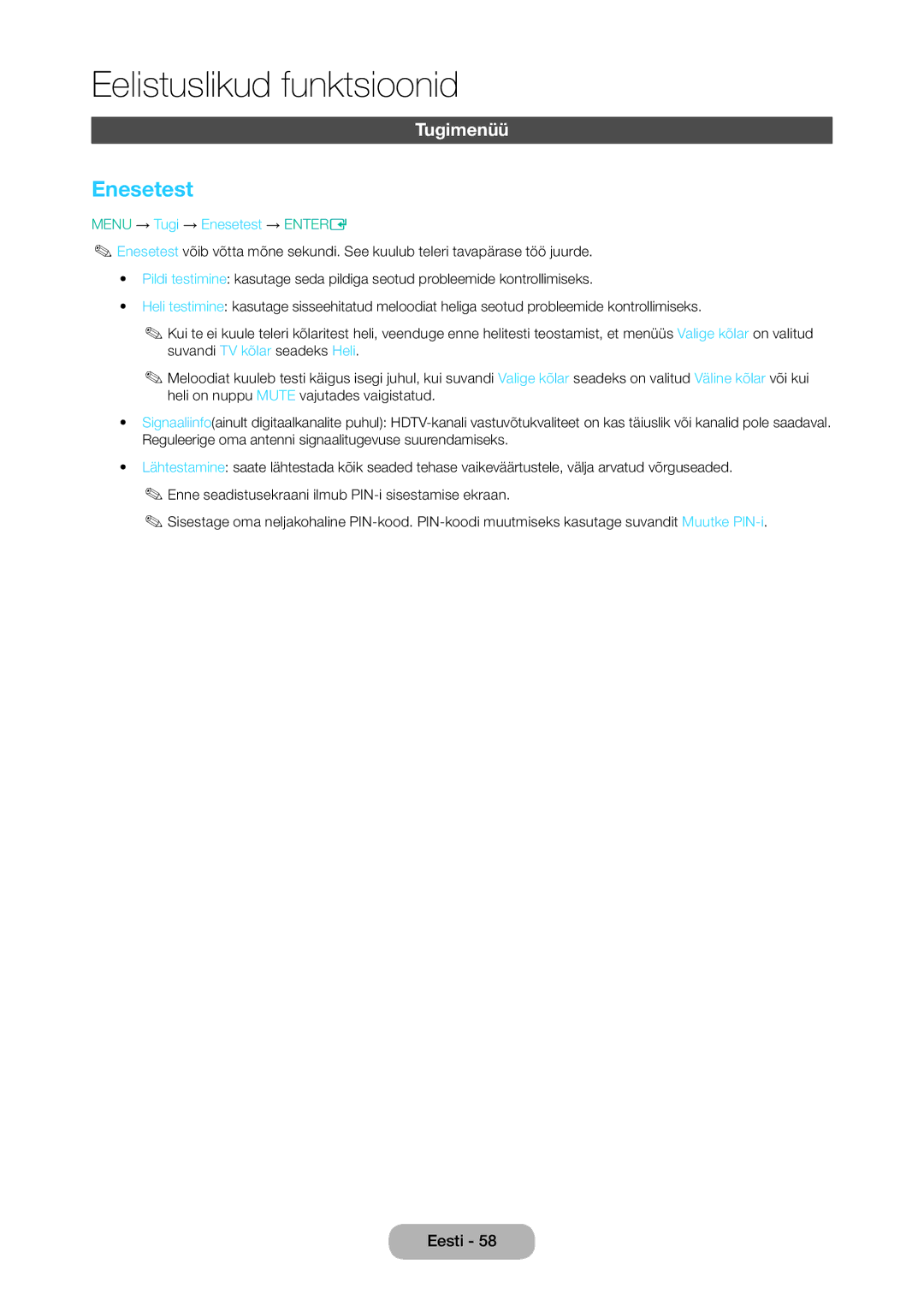 Samsung LT24D310EW/EN, LT28D310EW/EN manual Tugimenüü, Menu → Tugi → Enesetest → Entere 
