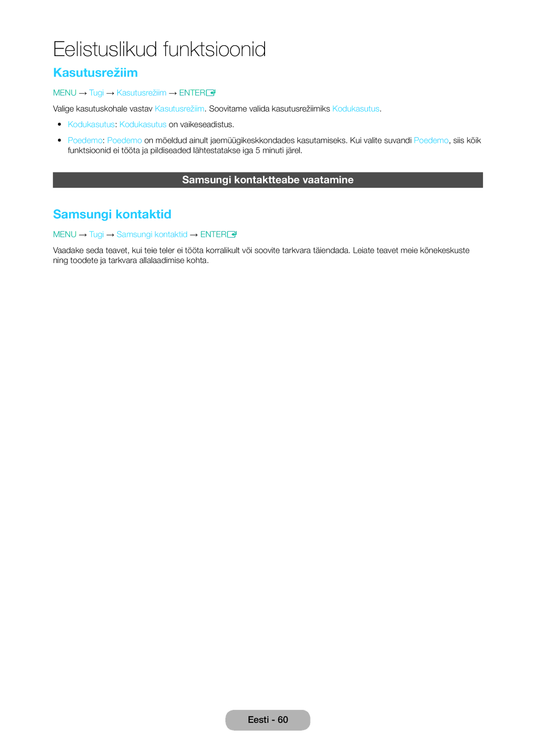 Samsung LT24D310EW/EN, LT28D310EW/EN manual Kasutusrežiim, Samsungi kontaktid, Samsungi kontaktteabe vaatamine 