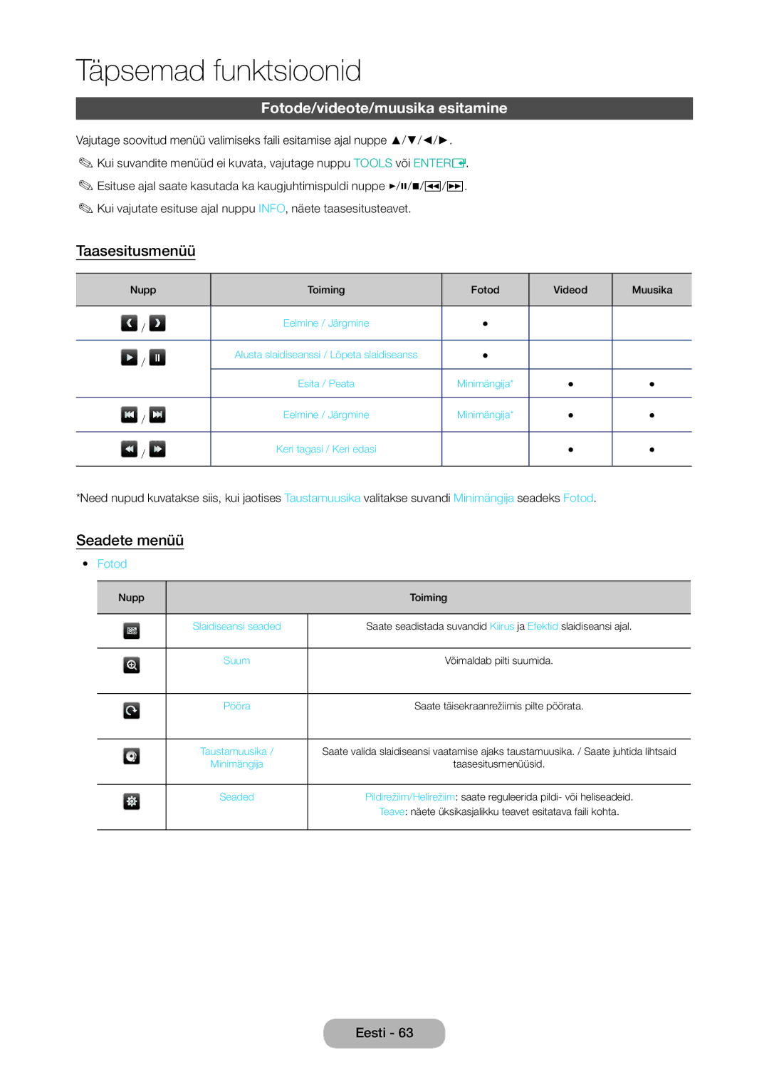 Samsung LT28D310EW/EN, LT24D310EW/EN manual Fotode/videote/muusika esitamine, Taasesitusmenüü, Seadete menüü 