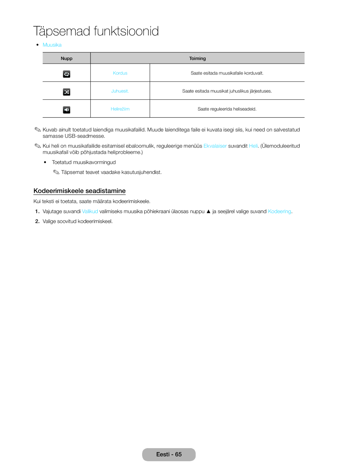 Samsung LT28D310EW/EN, LT24D310EW/EN manual Kodeerimiskeele seadistamine, Muusika 