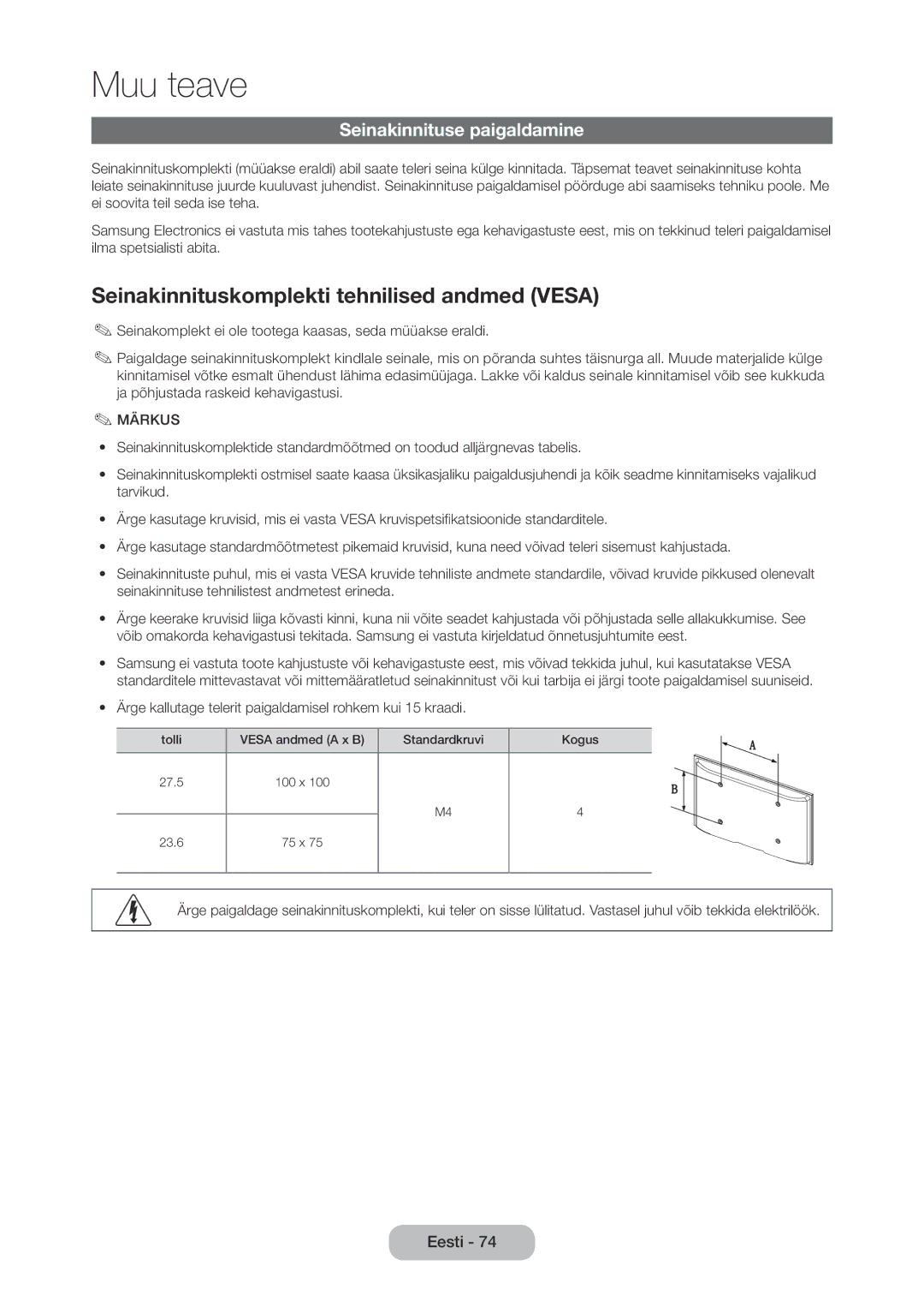 Samsung LT24D310EW/EN, LT28D310EW/EN manual Seinakinnituskomplekti tehnilised andmed Vesa, Seinakinnituse paigaldamine 