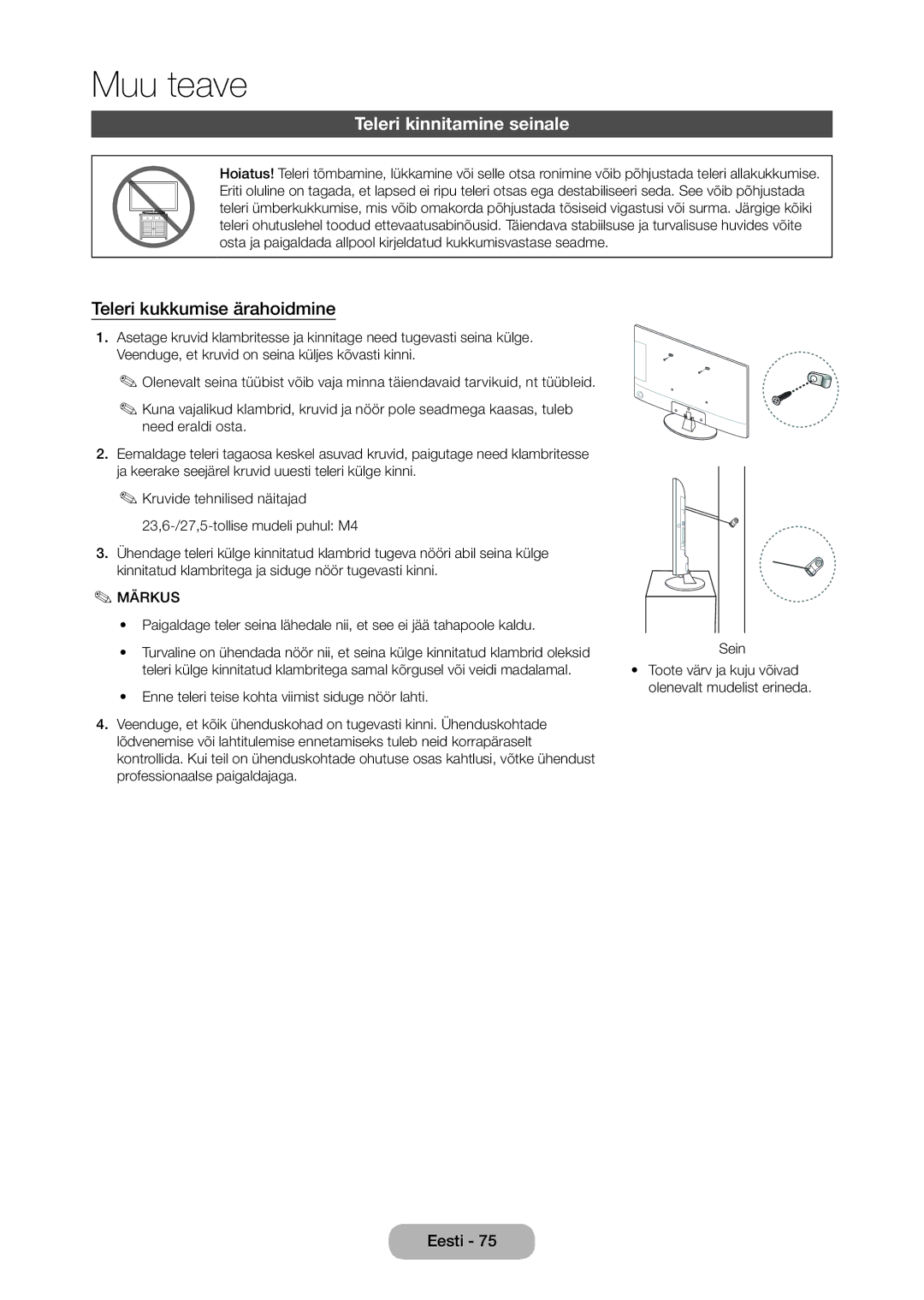 Samsung LT28D310EW/EN, LT24D310EW/EN manual Teleri kinnitamine seinale, Teleri kukkumise ärahoidmine 