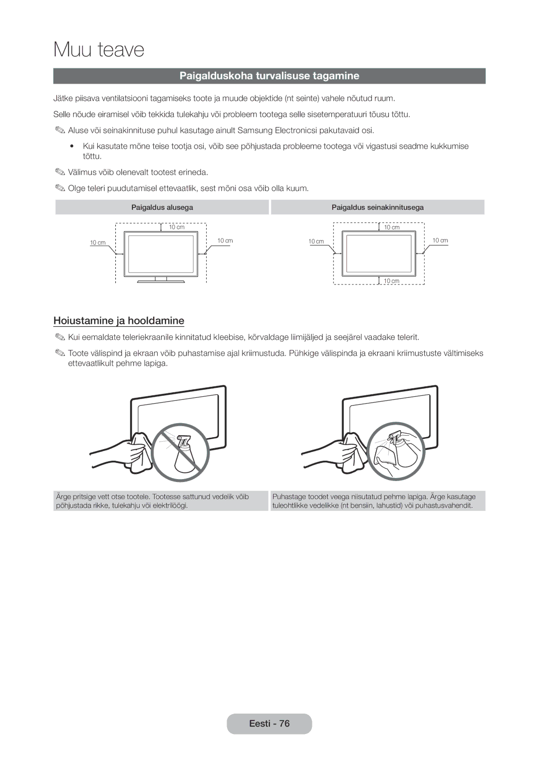 Samsung LT24D310EW/EN, LT28D310EW/EN manual Paigalduskoha turvalisuse tagamine, Hoiustamine ja hooldamine 