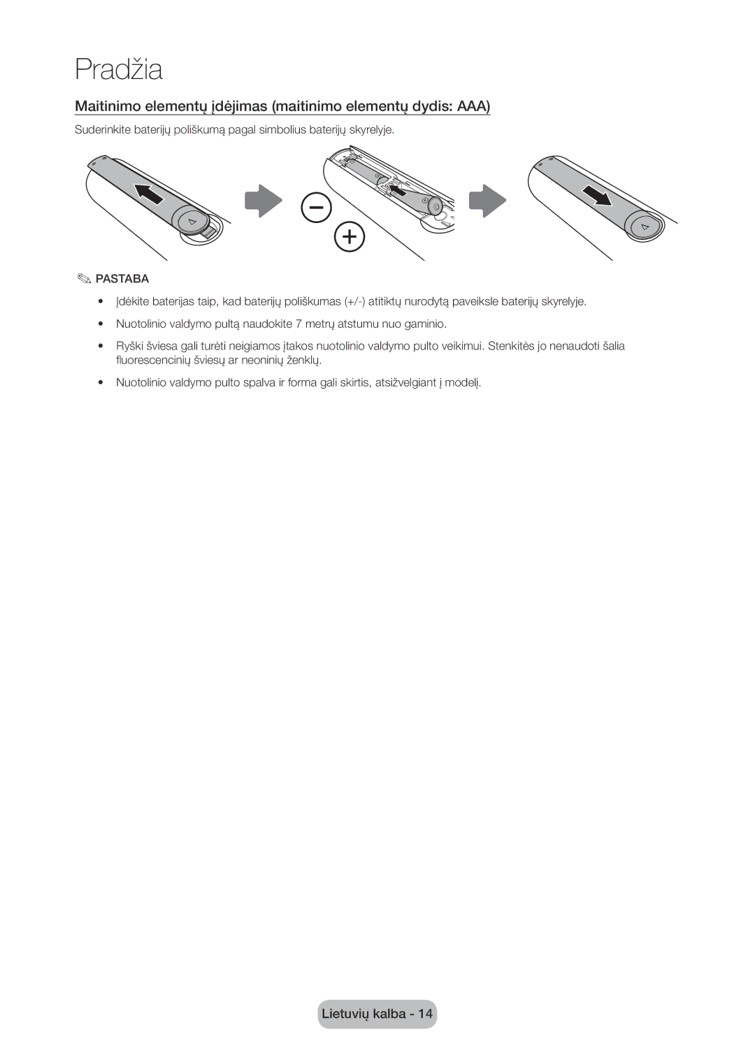 Samsung LT24D310EW/EN, LT28D310EW/EN manual Maitinimo elementų įdėjimas maitinimo elementų dydis AAA, Pastaba 