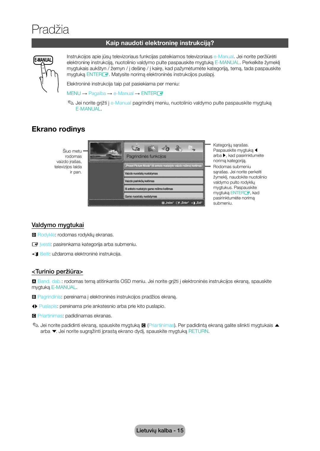 Samsung LT28D310EW/EN manual Ekrano rodinys, Kaip naudoti elektroninę instrukciją?, Valdymo mygtukai, Turinio peržiūra 