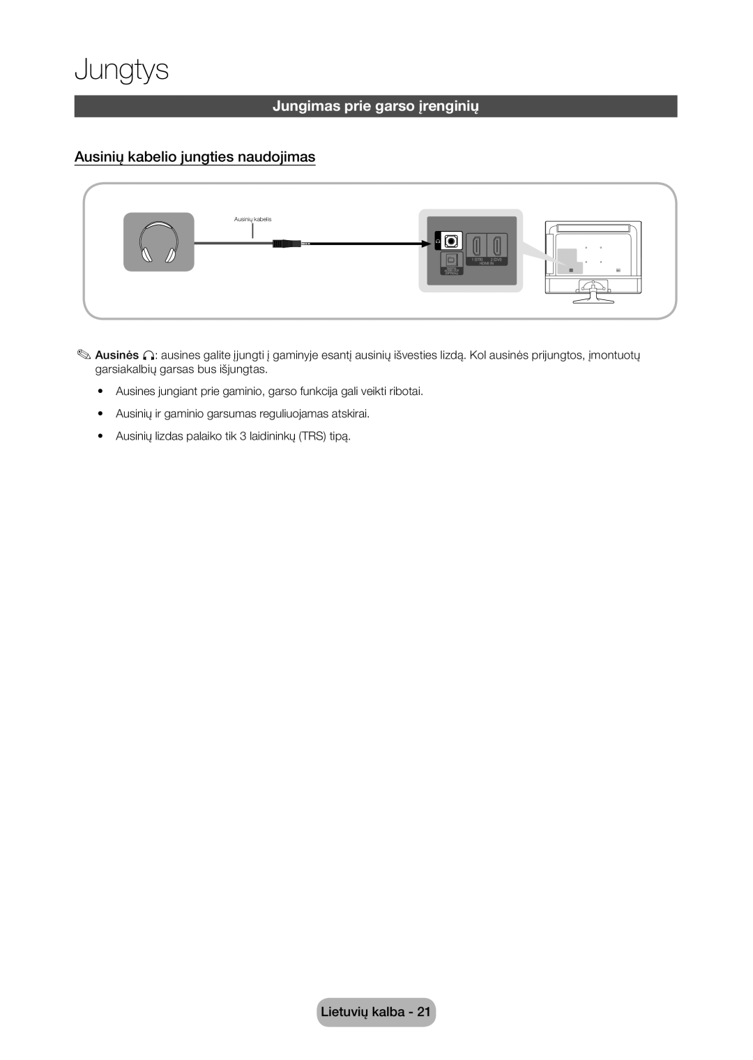 Samsung LT28D310EW/EN, LT24D310EW/EN manual Jungimas prie garso įrenginių, Ausinių kabelio jungties naudojimas 