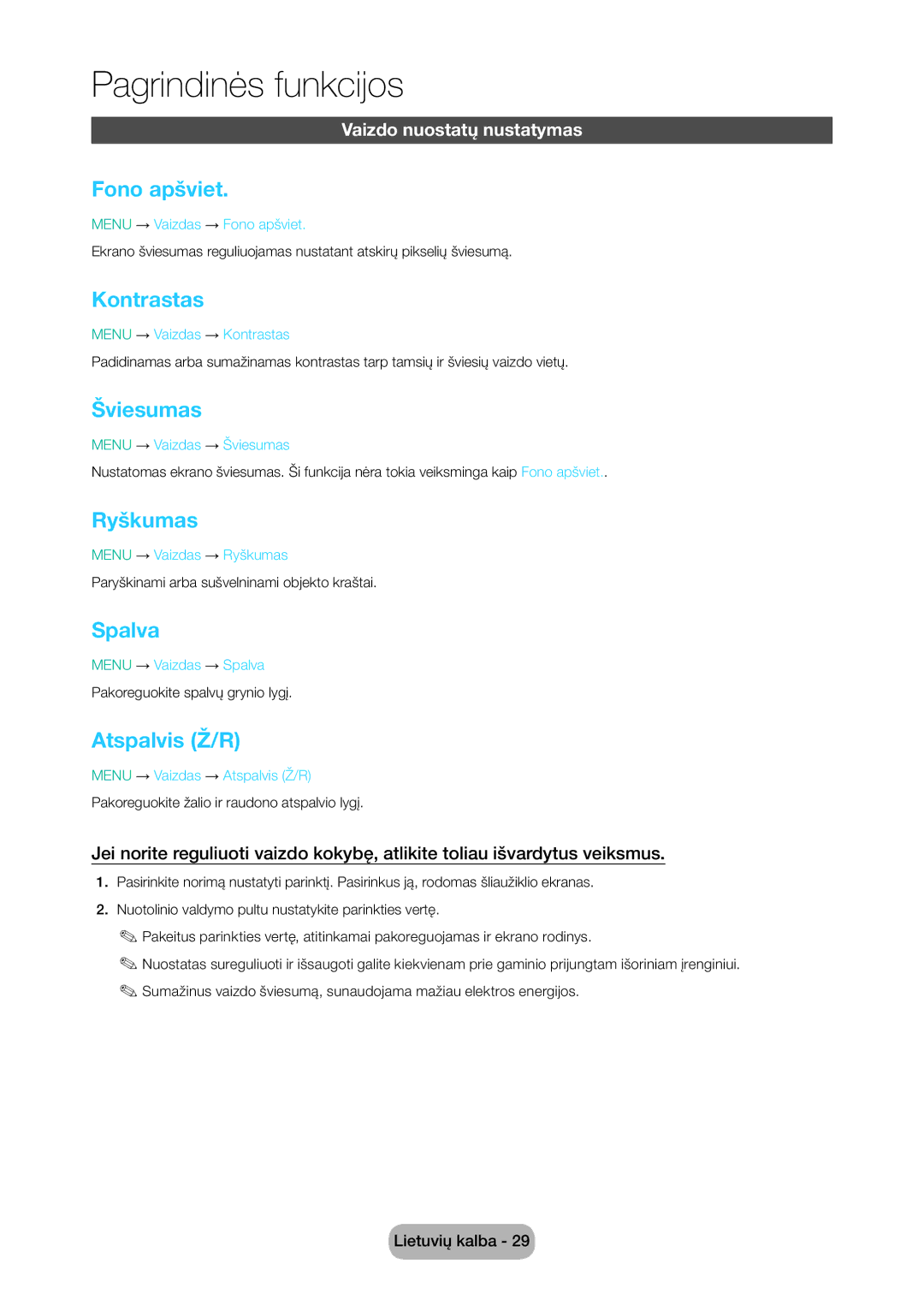 Samsung LT28D310EW/EN, LT24D310EW/EN manual Fono apšviet, Kontrastas, Šviesumas, Ryškumas, Spalva, Atspalvis Ž/R 