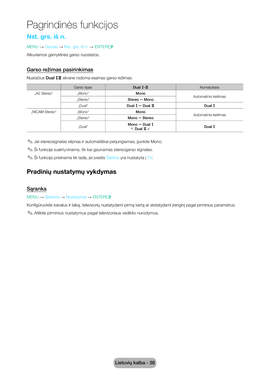 Samsung LT24D310EW/EN, LT28D310EW/EN manual Nst. grs. iš n, Pradinių nustatymų vykdymas, Garso režimas pasirinkimas, Sąranka 