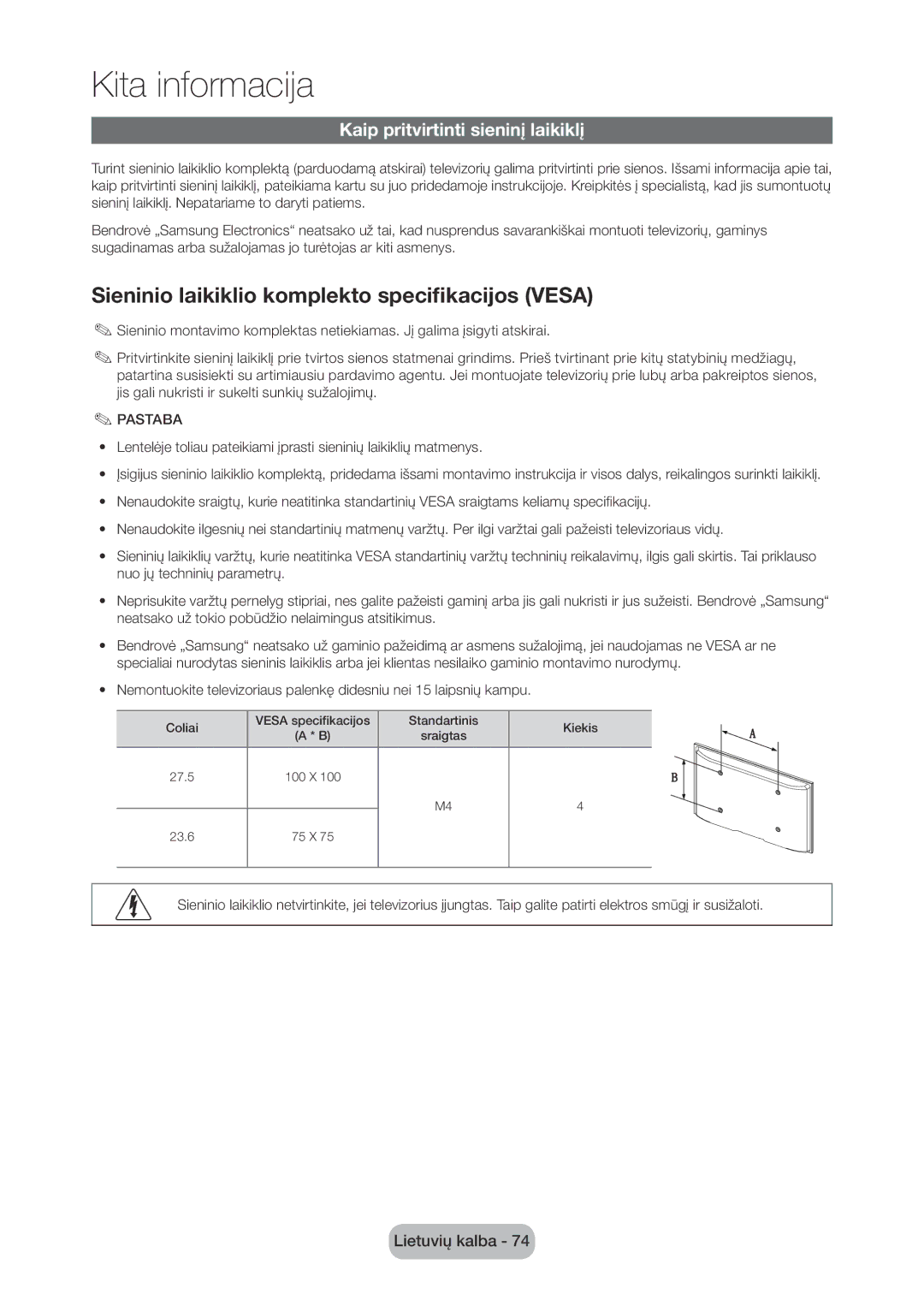 Samsung LT24D310EW/EN, LT28D310EW/EN Sieninio laikiklio komplekto specifikacijos Vesa, Kaip pritvirtinti sieninį laikiklį 