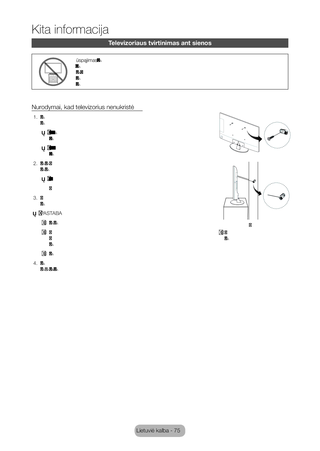 Samsung LT28D310EW/EN, LT24D310EW/EN manual Televizoriaus tvirtinimas ant sienos, Nurodymai, kad televizorius nenukristų 