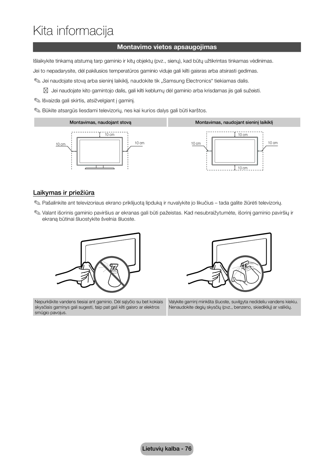 Samsung LT24D310EW/EN, LT28D310EW/EN manual Montavimo vietos apsaugojimas, Laikymas ir priežiūra 