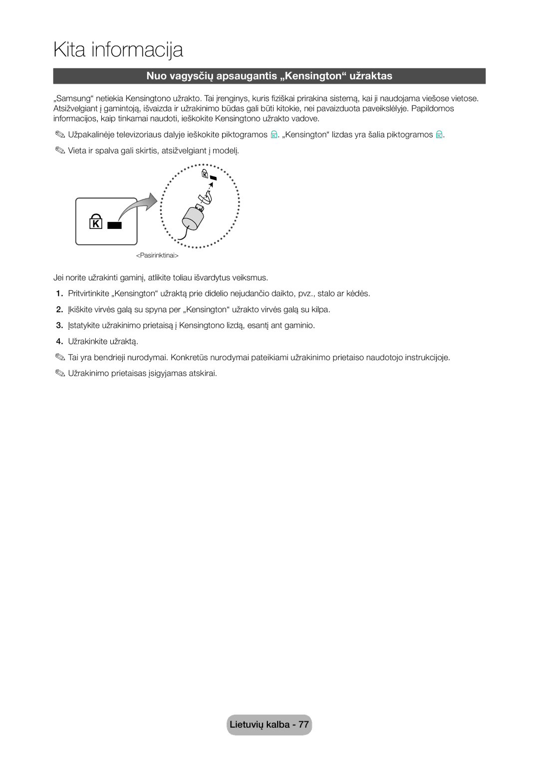 Samsung LT28D310EW/EN, LT24D310EW/EN manual Nuo vagysčių apsaugantis „Kensington užraktas 