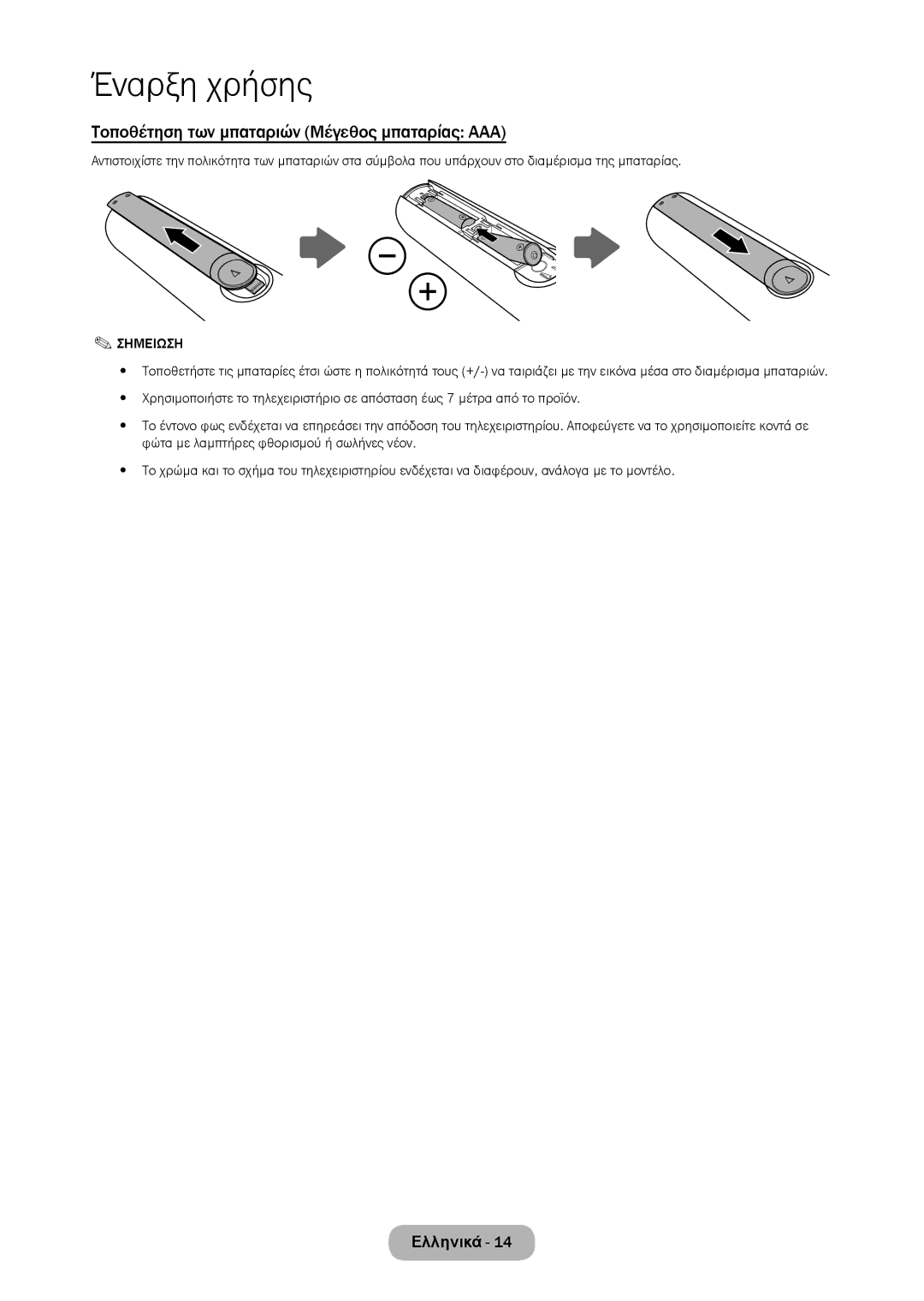 Samsung LT24D310EW/EN, LT28D310EW/EN manual Τοποθέτηση των μπαταριών Μέγεθος μπαταρίας AAA, Σημειωση 