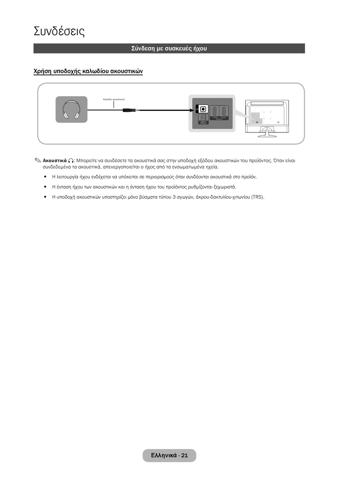 Samsung LT28D310EW/EN, LT24D310EW/EN manual Σύνδεση με συσκευές ήχου, Χρήση υποδοχής καλωδίου ακουστικών 