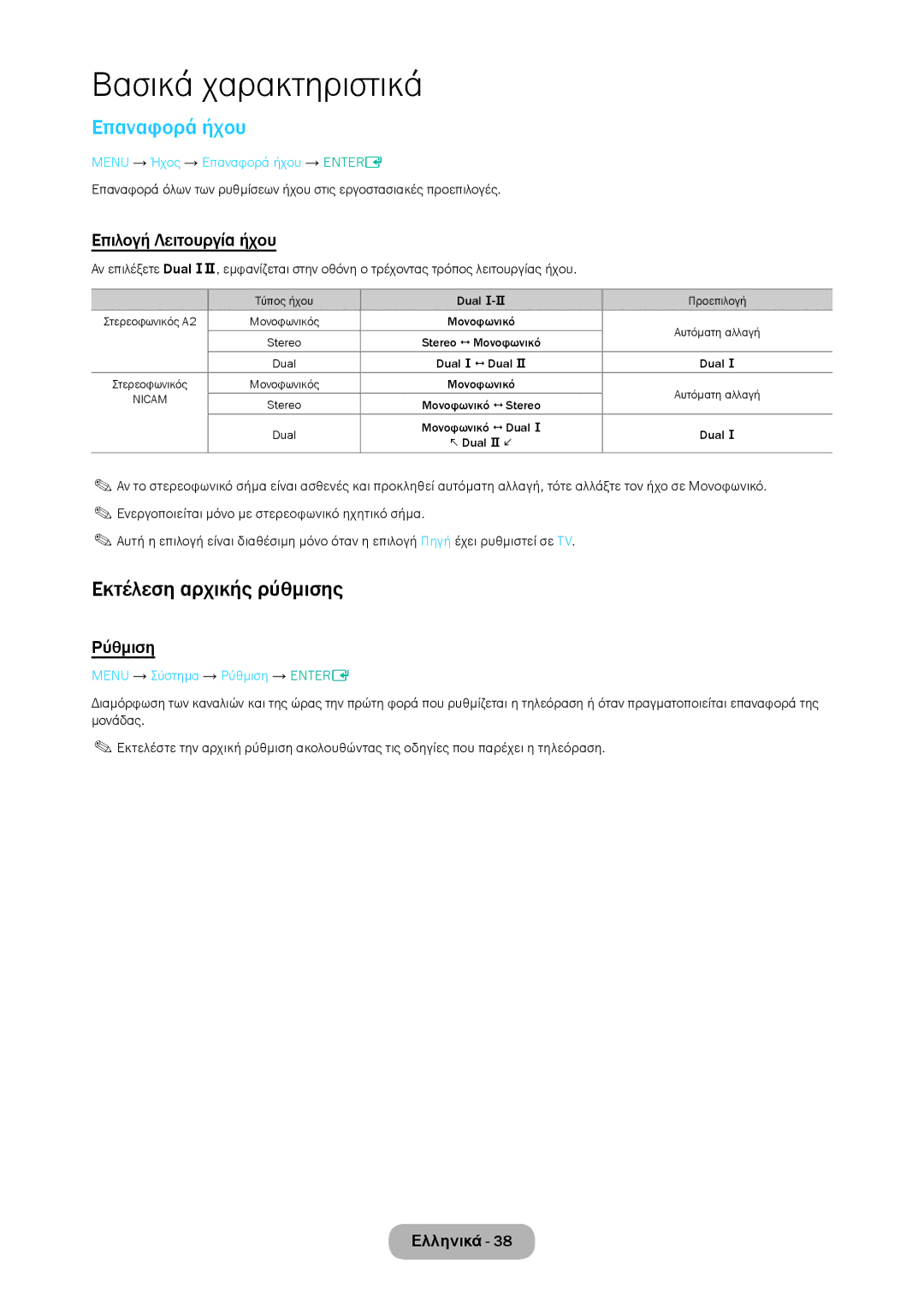 Samsung LT24D310EW/EN, LT28D310EW/EN manual Επαναφορά ήχου, Εκτέλεση αρχικής ρύθμισης, Επιλογή Λειτουργία ήχου, Ρύθμιση 