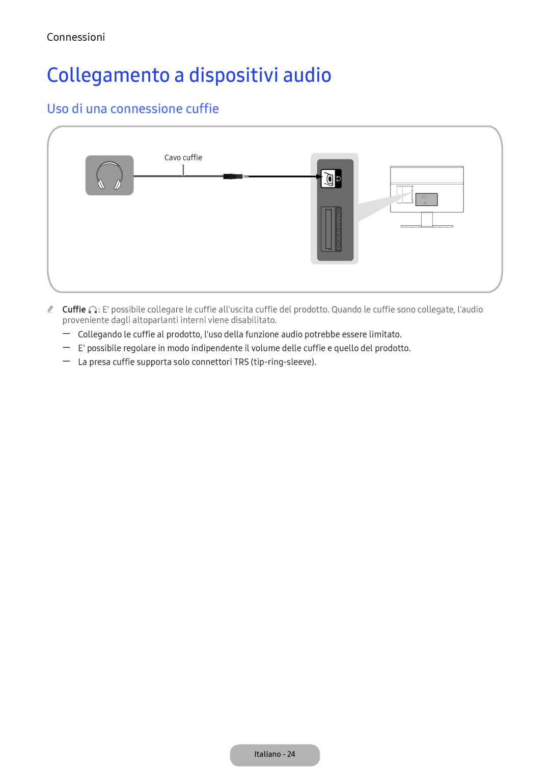 Samsung LT24D391EI/EN, LT22E390EI/EN manual Collegamento a dispositivi audio, Uso di una connessione cuffie 