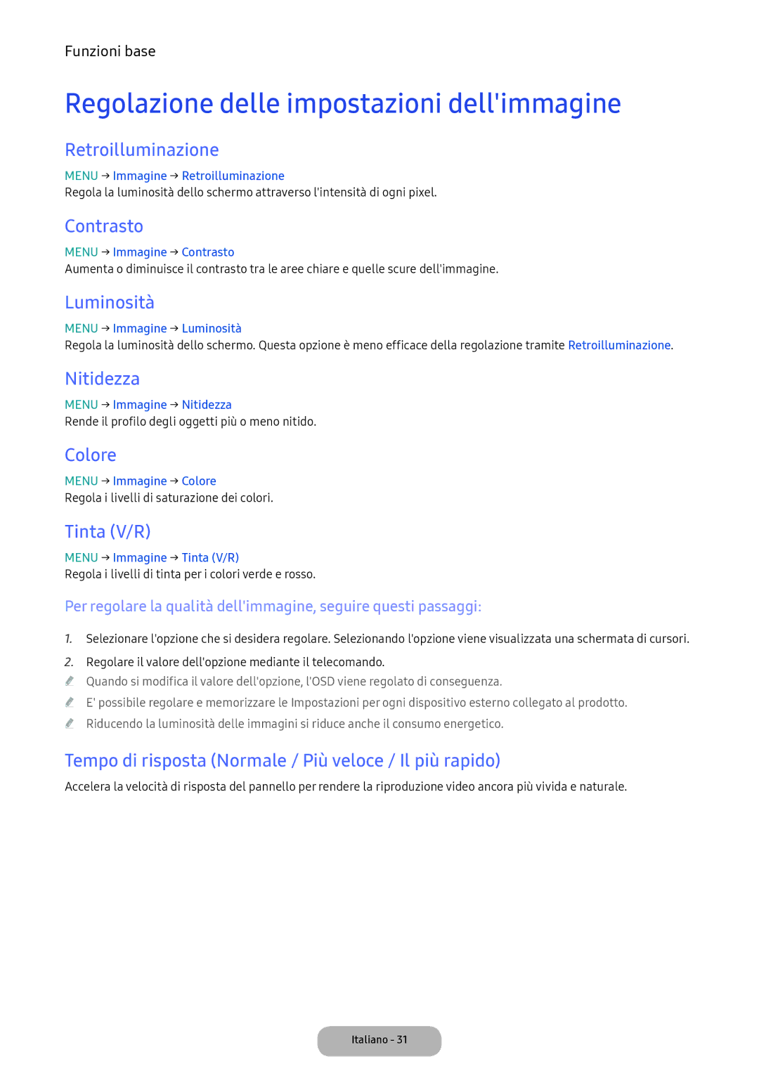 Samsung LT22E390EI/EN, LT24D391EI/EN manual Regolazione delle impostazioni dellimmagine 