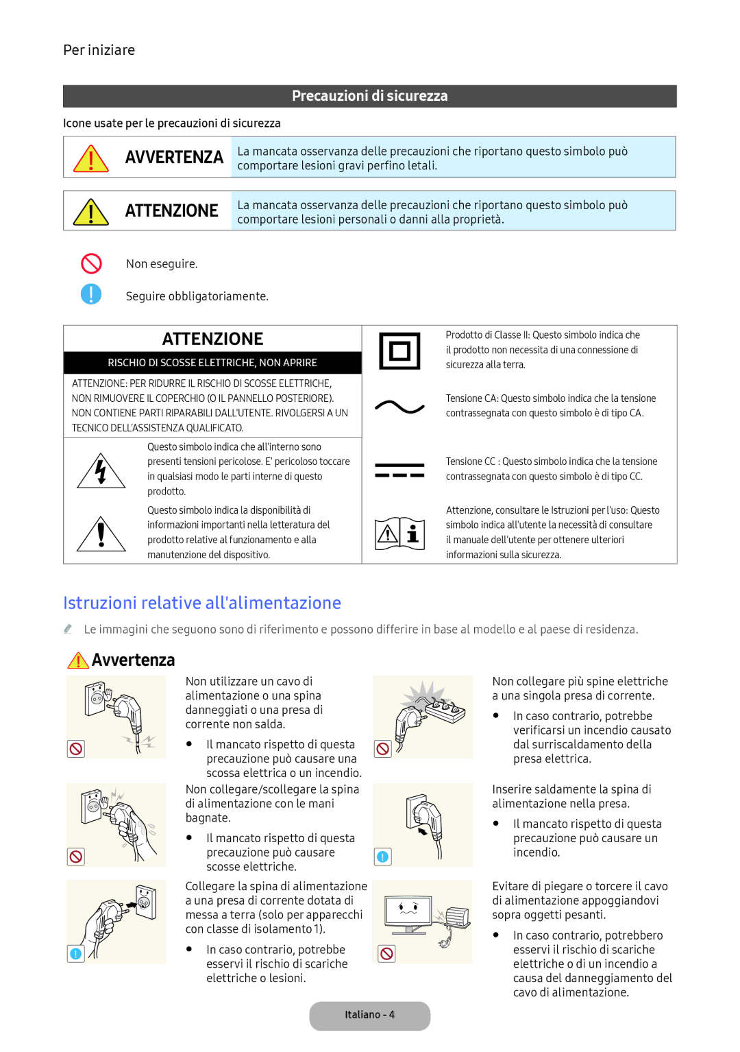 Samsung LT24D391EI/EN, LT22E390EI/EN manual Istruzioni relative allalimentazione, Comportare lesioni gravi perfino letali 