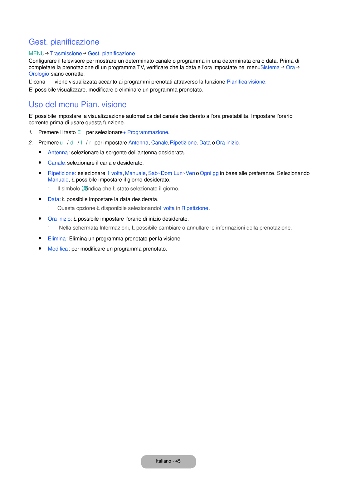 Samsung LT22E390EI/EN, LT24D391EI/EN manual Uso del menu Pian. visione, Menu → Trasmissione → Gest. pianificazione 