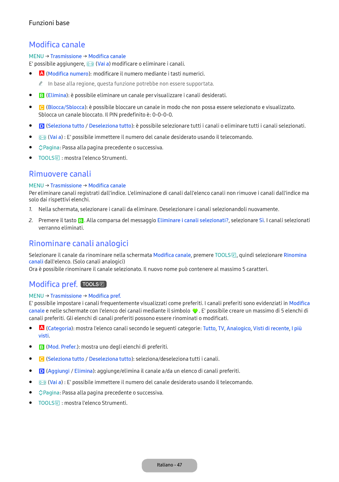 Samsung LT22E390EI/EN, LT24D391EI/EN manual Modifica canale, Rimuovere canali, Rinominare canali analogici, Modifica pref. t 