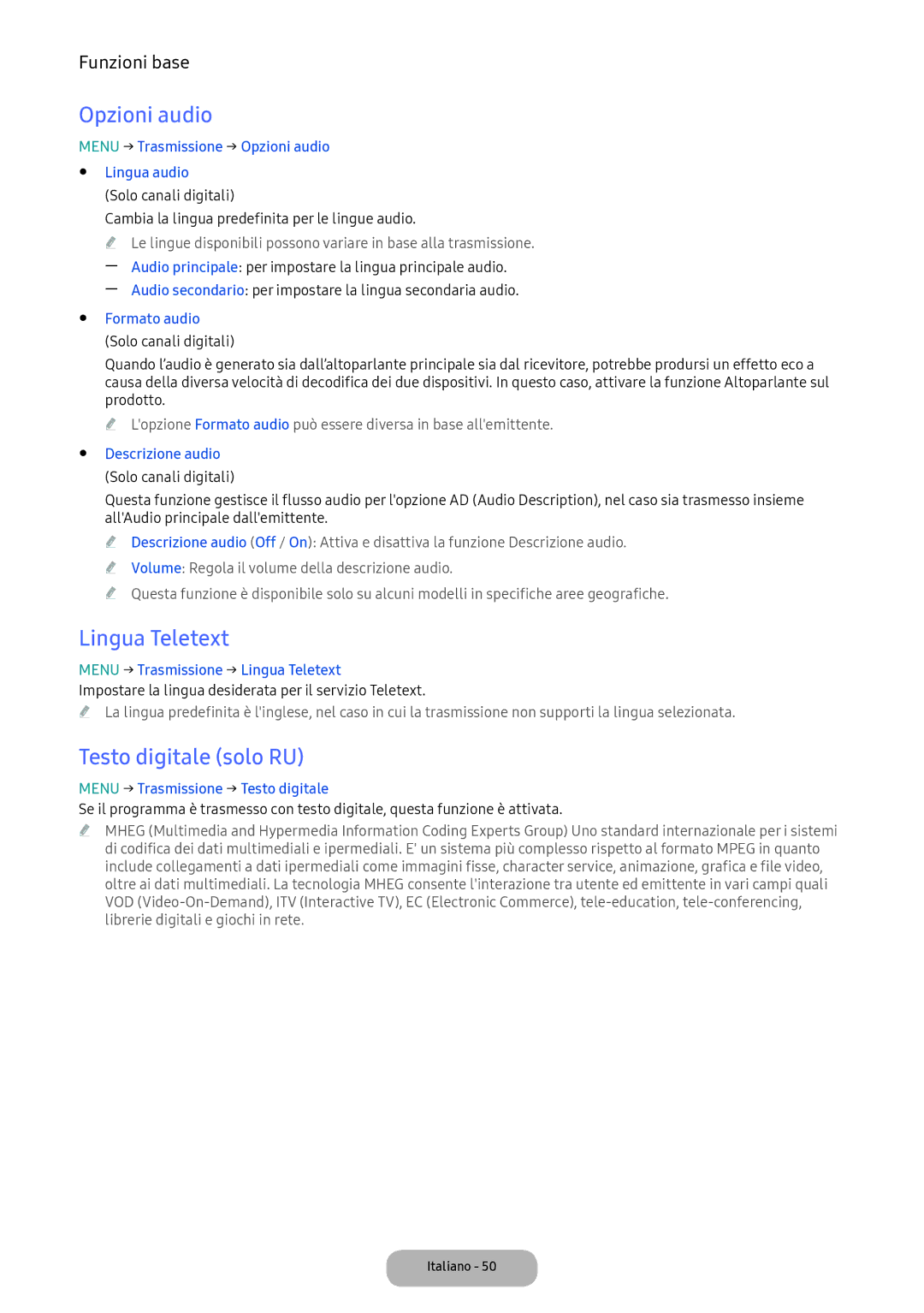 Samsung LT24D391EI/EN, LT22E390EI/EN manual Opzioni audio, Lingua Teletext, Testo digitale solo RU 