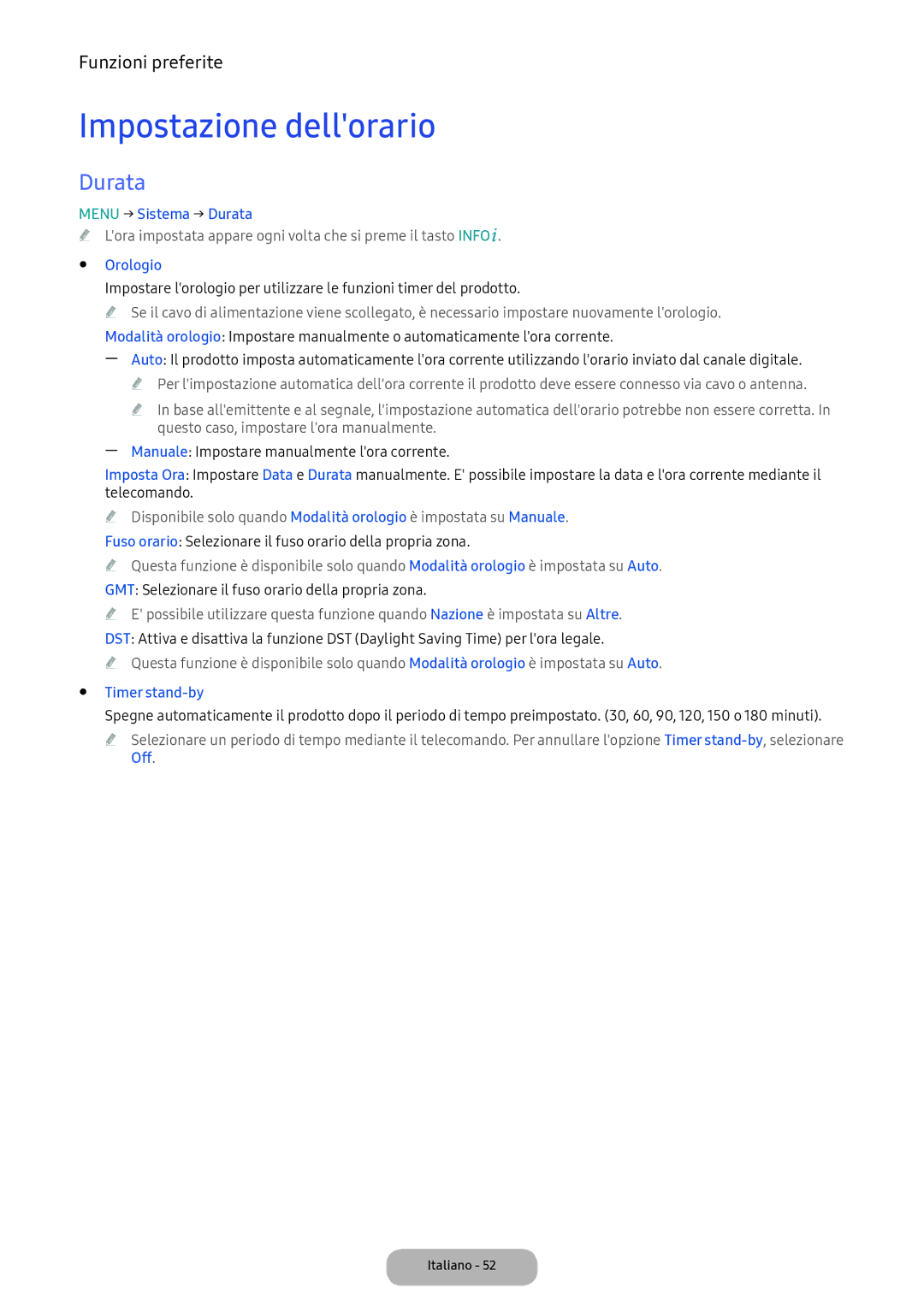 Samsung LT24D391EI/EN, LT22E390EI/EN manual Impostazione dellorario, Menu → Sistema → Durata, Orologio, Timer stand-by 