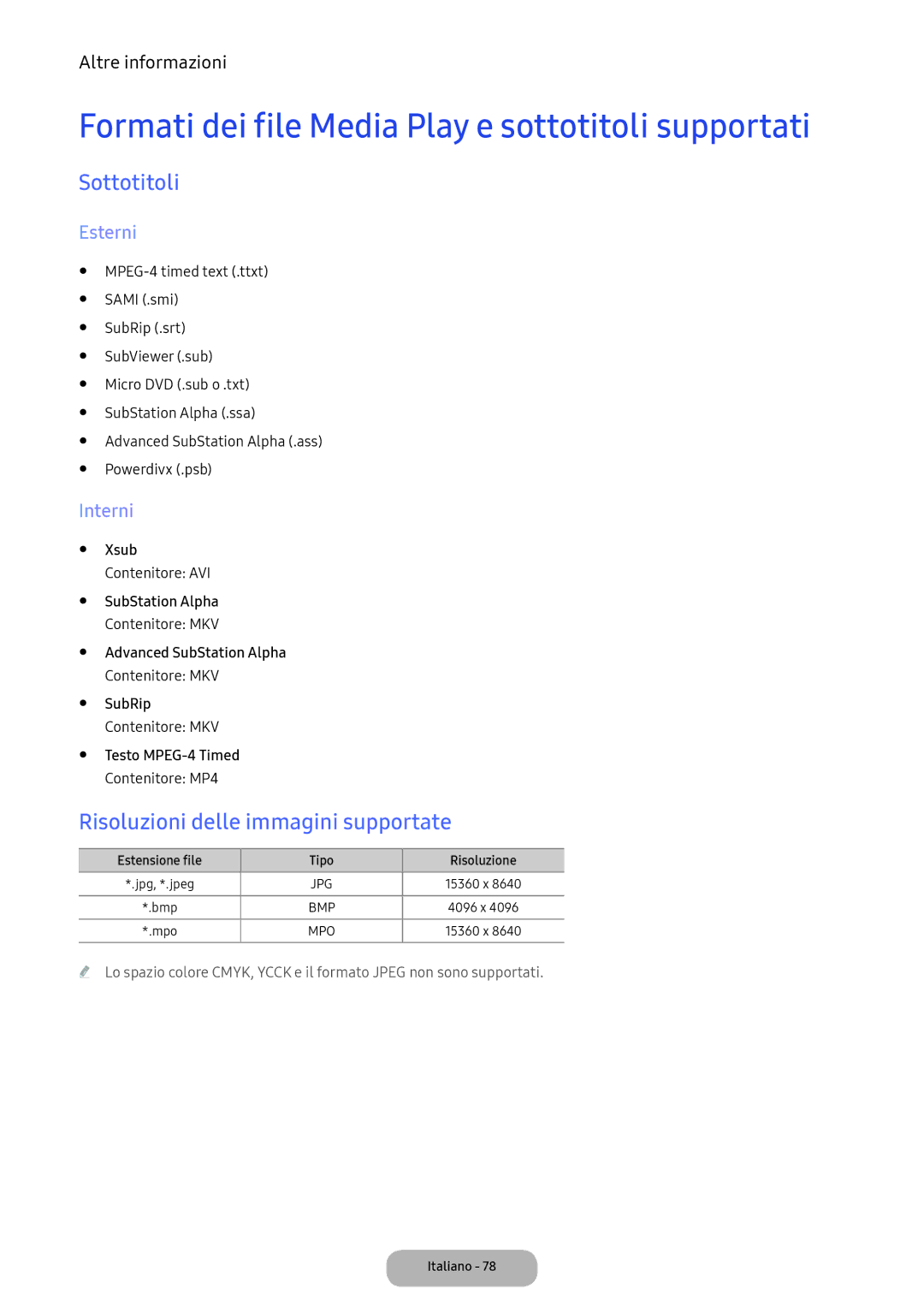 Samsung LT24D391EI/EN, LT22E390EI/EN Formati dei file Media Play e sottotitoli supportati, Sottotitoli, Esterni, Interni 