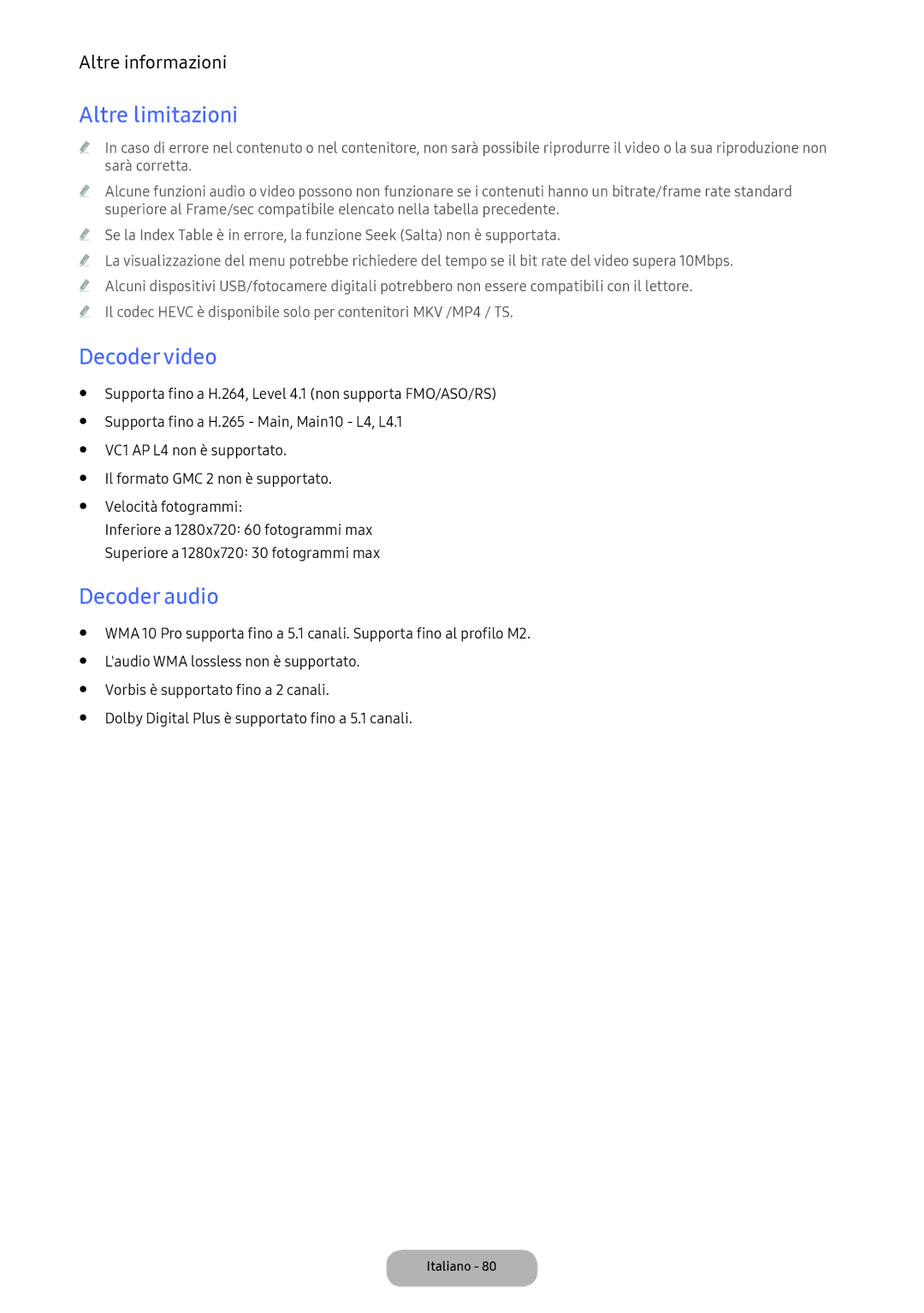 Samsung LT24D391EI/EN, LT22E390EI/EN manual Altre limitazioni, Decoder video, Decoder audio 