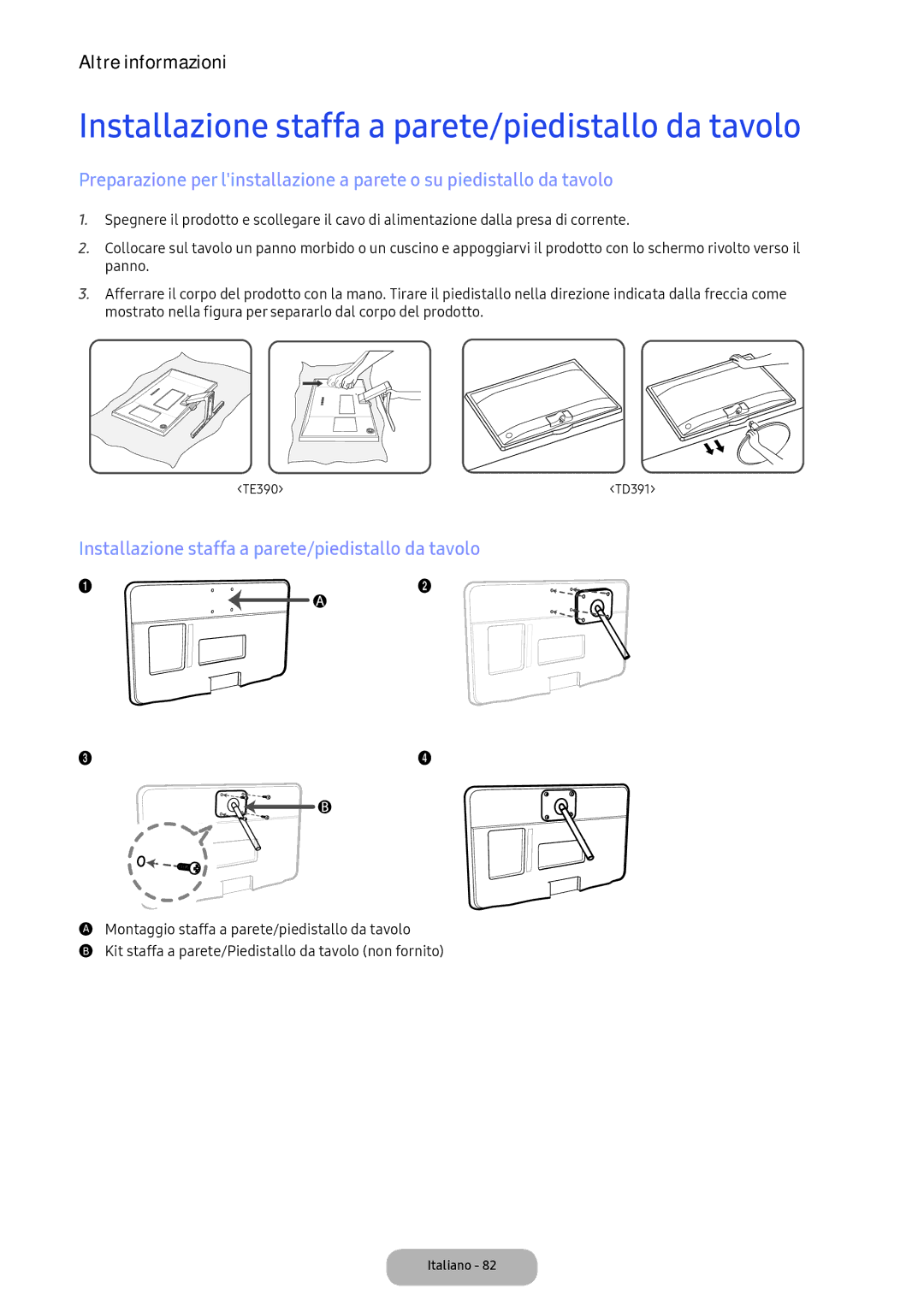 Samsung LT24D391EI/EN, LT22E390EI/EN manual Installazione staffa a parete/piedistallo da tavolo 