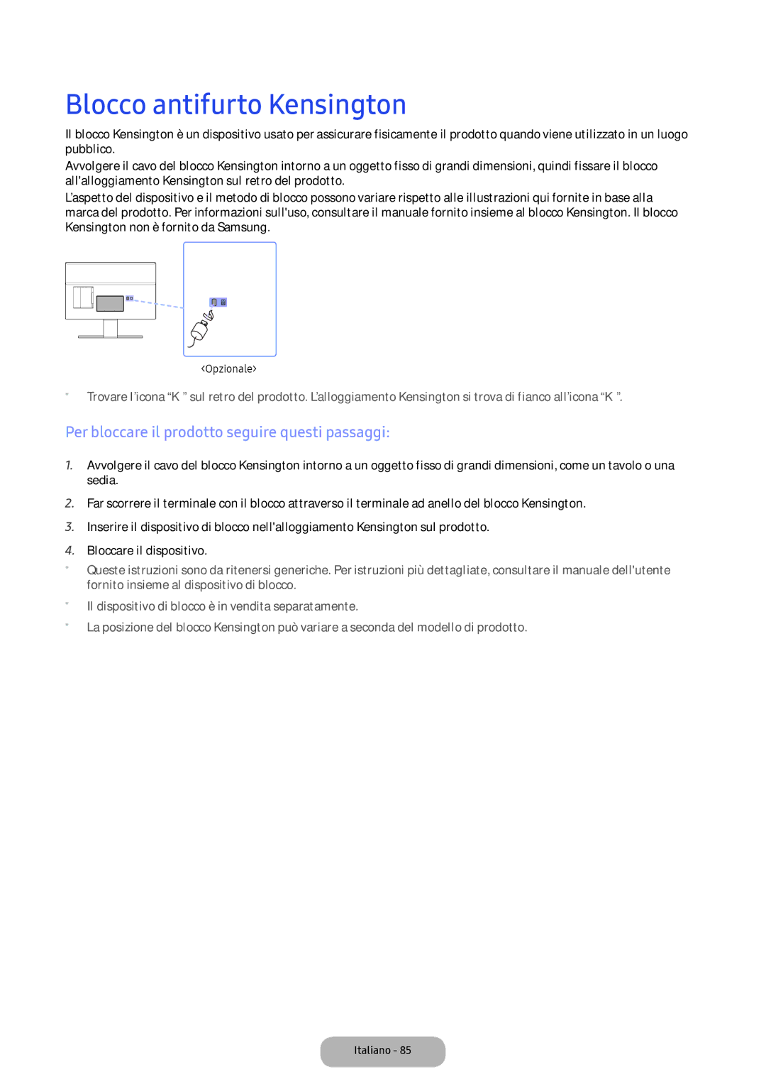 Samsung LT22E390EI/EN, LT24D391EI/EN manual Blocco antifurto Kensington, Per bloccare il prodotto seguire questi passaggi 