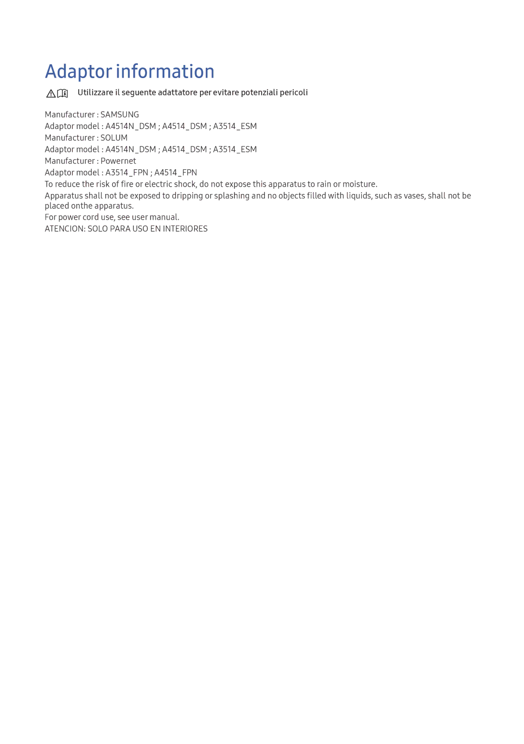 Samsung LT24D391EI/EN, LT22E390EI/EN manual Adaptor information, Atencion Solo Para USO EN Interiores 