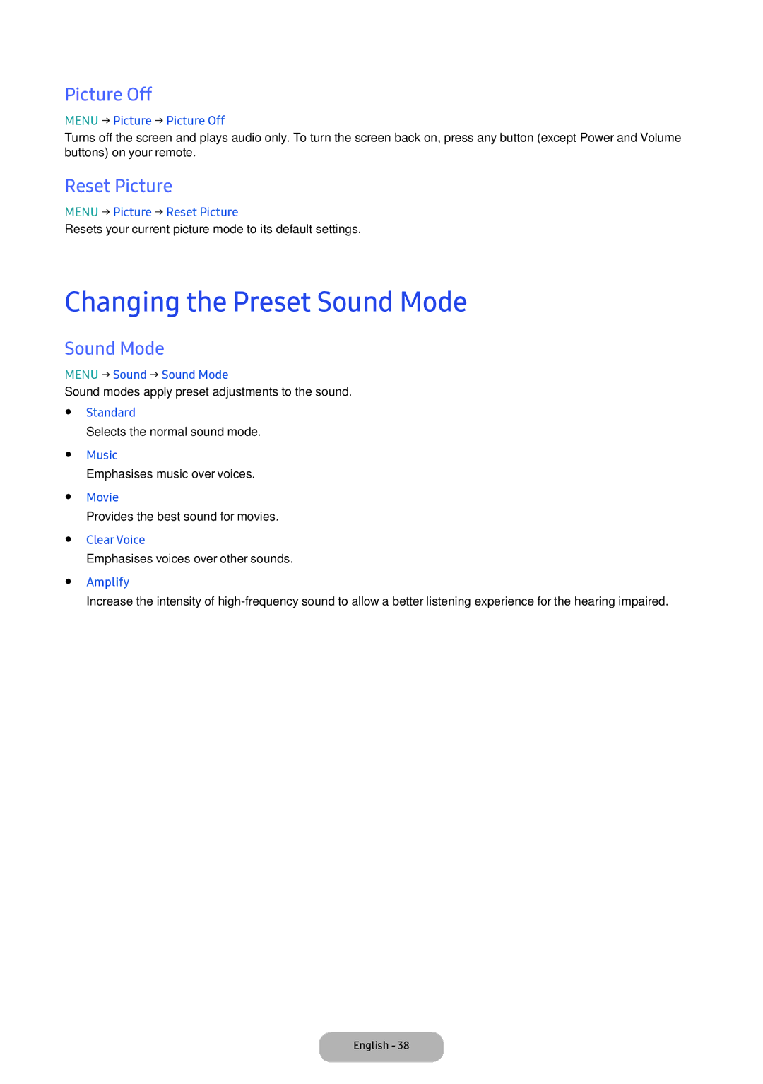 Samsung LT24D391EI/EN, LT22E390EI/EN manual Changing the Preset Sound Mode, Picture Off, Reset Picture 