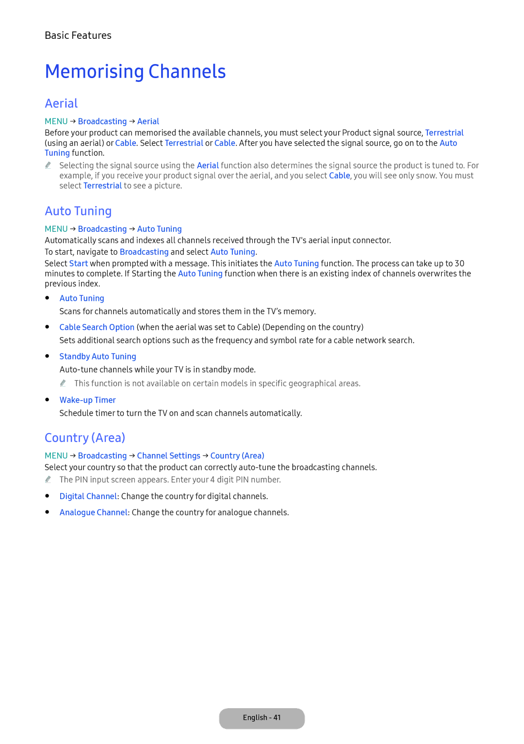 Samsung LT22E390EI/EN, LT24D391EI/EN manual Memorising Channels, Aerial, Auto Tuning, Country Area 