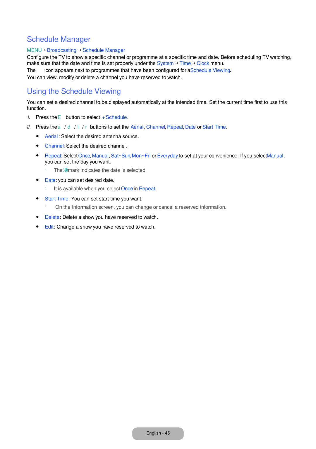 Samsung LT22E390EI/EN, LT24D391EI/EN manual Using the Schedule Viewing, Menu → Broadcasting → Schedule Manager 